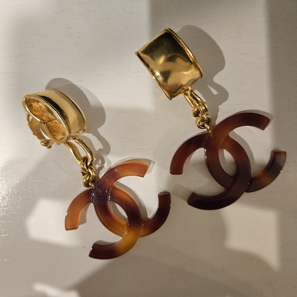 Chanel Tortoise CC Logo Lucite Earrings